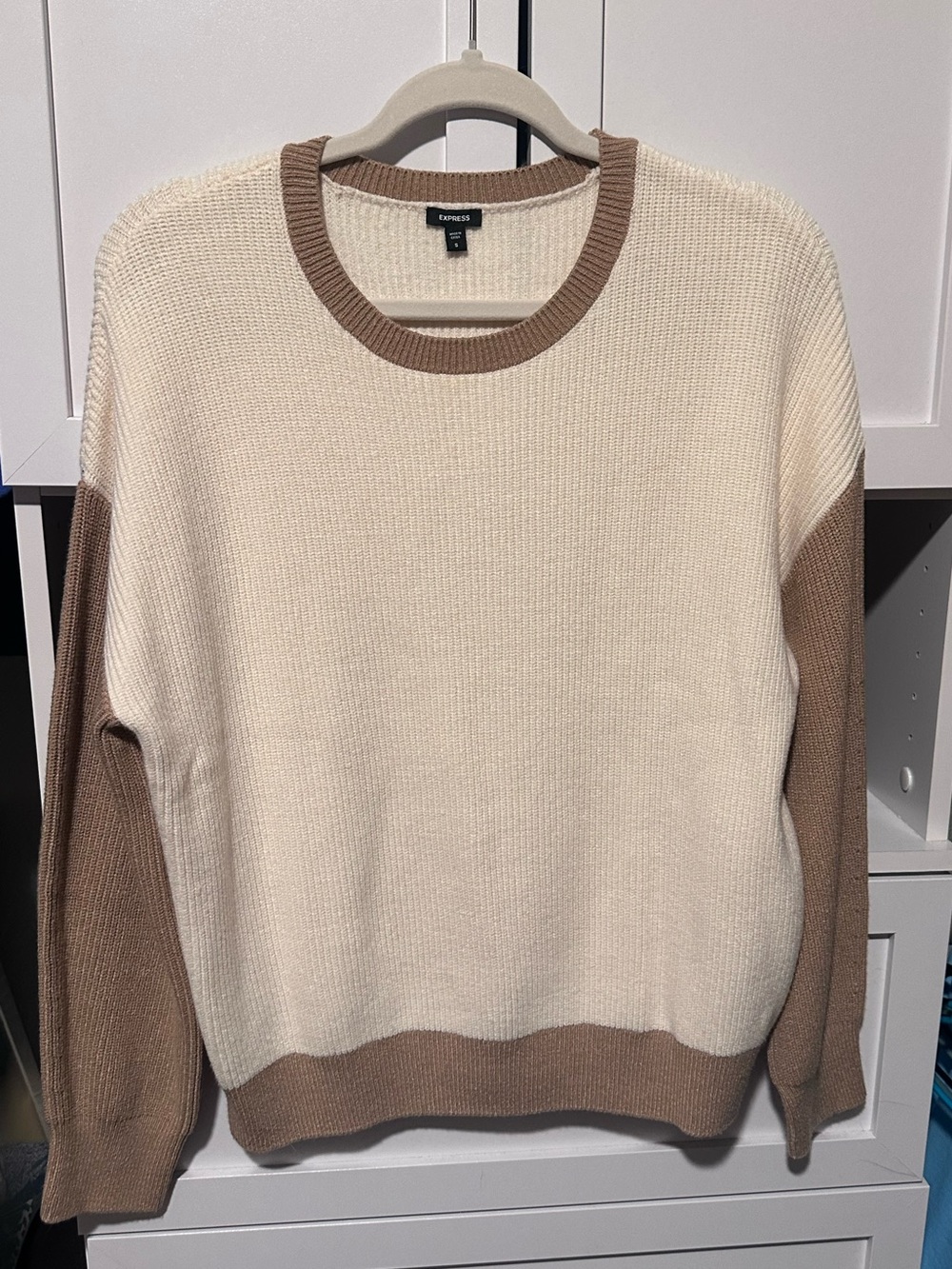 Express Colorblock Sweater Small Cream Tan Brown Crew Neck Knit Pullover
